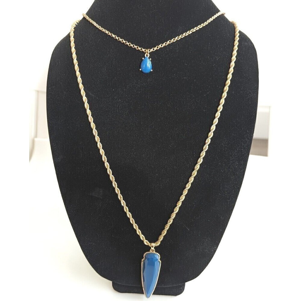 NATASHA Vintage Necklace Arrow‎ Pendant Gold Blue 21" Inches Layered Faux Stone